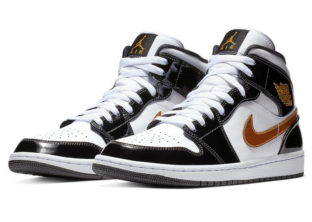 AIR JORDAN 1 MID 'PATENT BLACK WHITE GOLD'