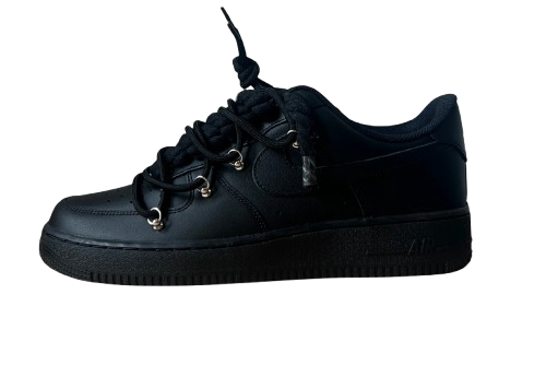 NIKE AIR FORCE 1 LOW 'BLACK / LACED UP BLACK ROPE LACES'