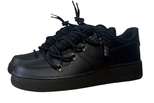 NIKE AIR FORCE 1 LOW 'BLACK / LACED UP BLACK ROPE LACES'